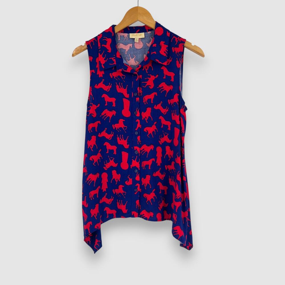 ModCloth Blue & Red Horse Print Sleeveless Blouse Size S